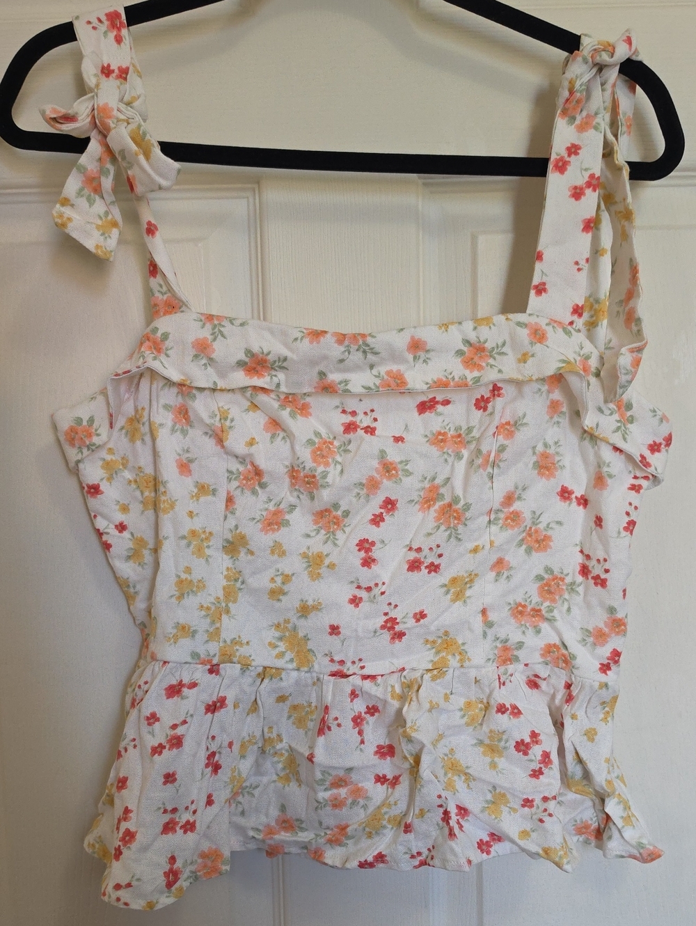 Trixxi White Floral Tie-Shoulder Peplum Camisole with Pink & Yellow Flowers